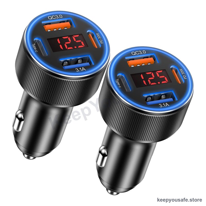 KeepYouSafe Dual USB-C Car Charger + Voltage Display